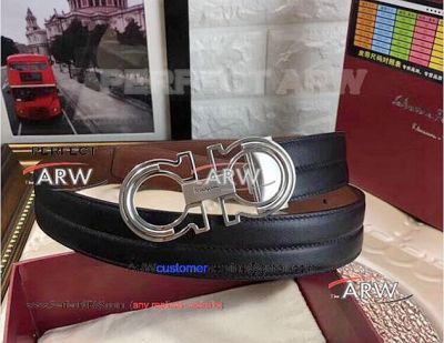 Perfect Replica Salvatoye Ferragamo Gray Buckle Black Mid Concave Leather Belt